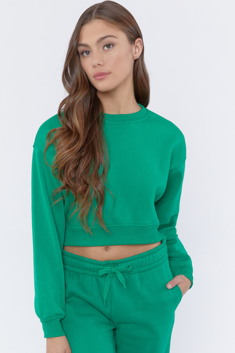 Fleece Crewneck Cropped Pullover Green