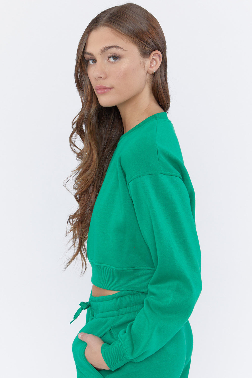 Fleece Crewneck Cropped Pullover Green