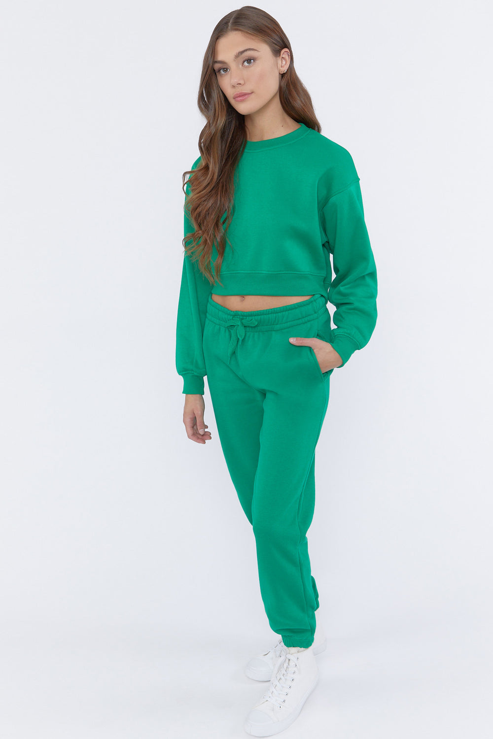 Fleece Crewneck Cropped Pullover Green