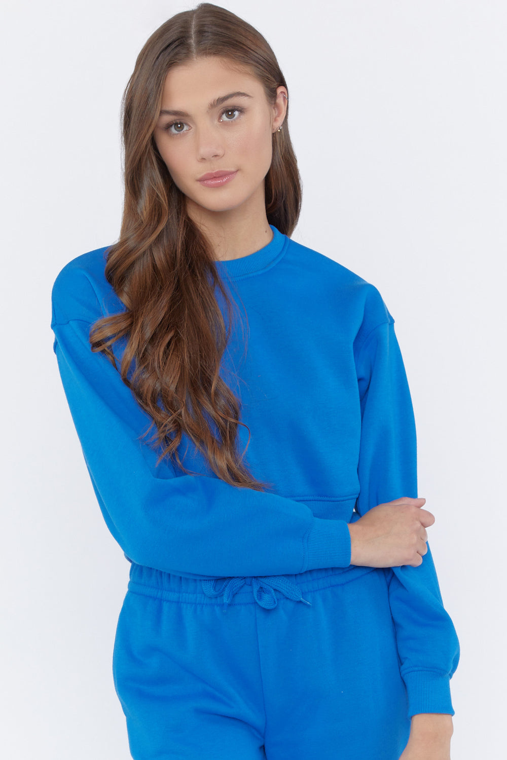 Fleece Crewneck Cropped Pullover Blue