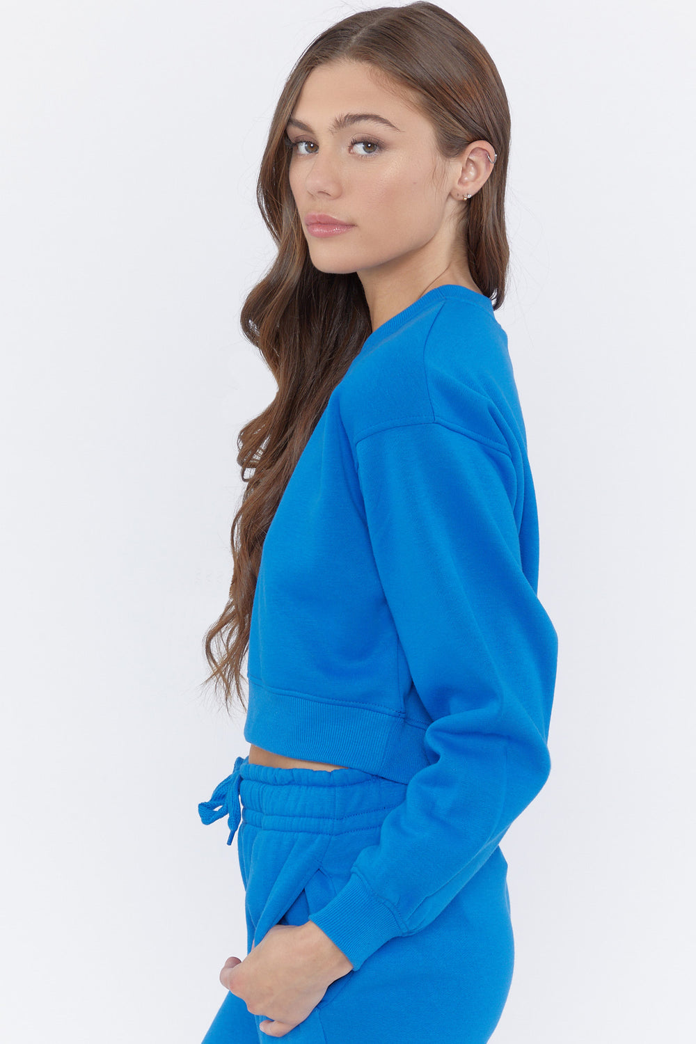 Fleece Crewneck Cropped Pullover Blue