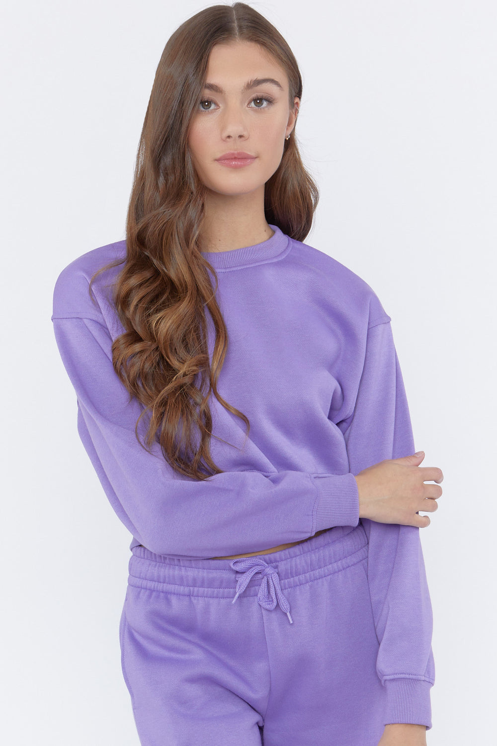 Fleece Crewneck Cropped Pullover Purple