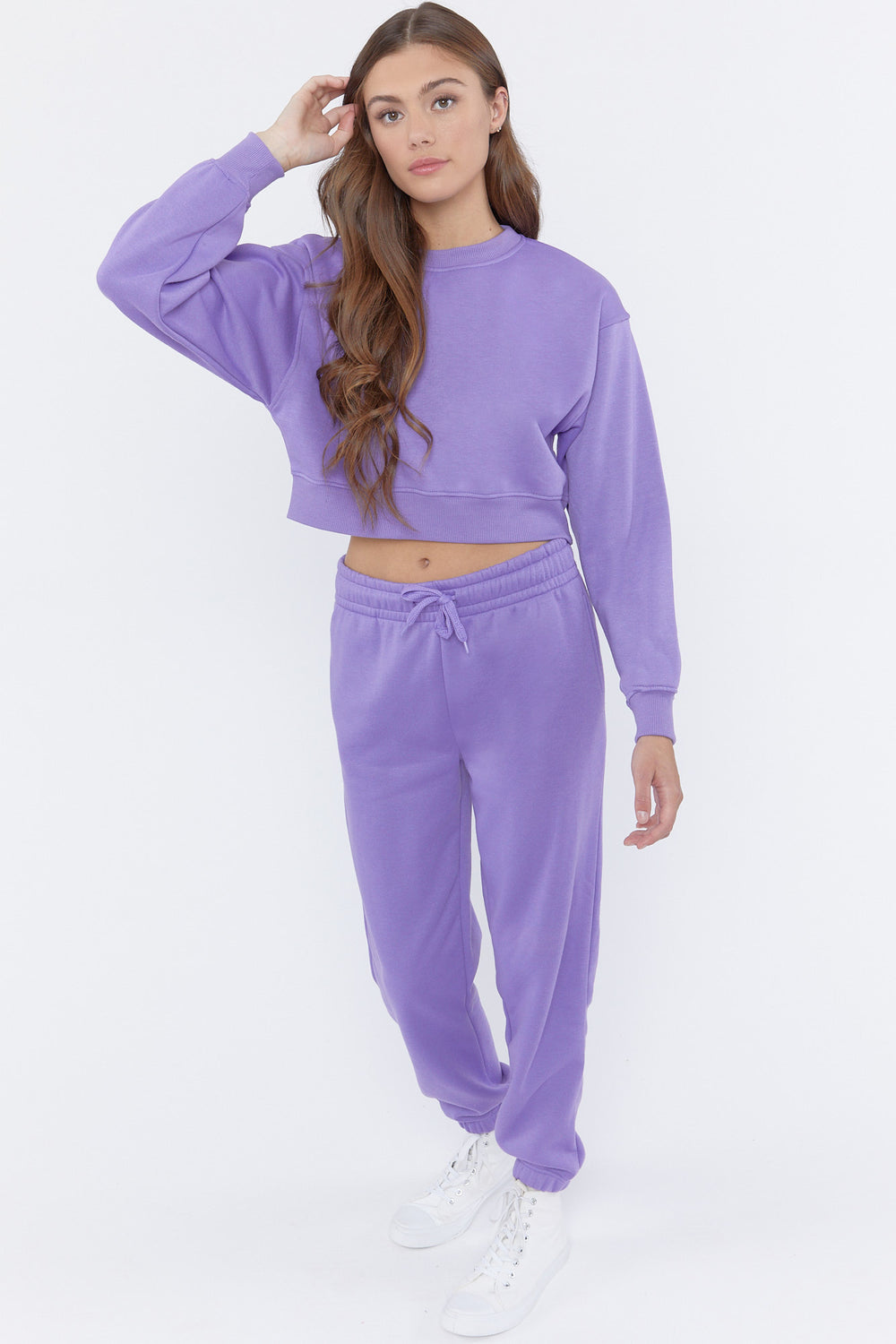 Fleece Crewneck Cropped Pullover Purple