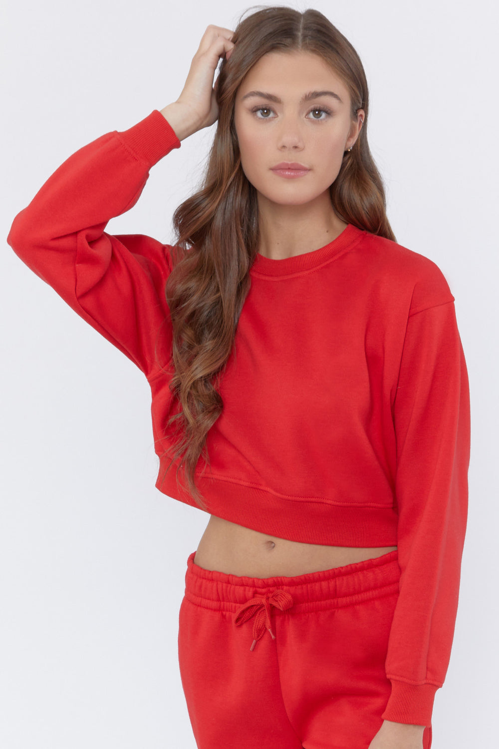 Fleece Crewneck Cropped Pullover Red