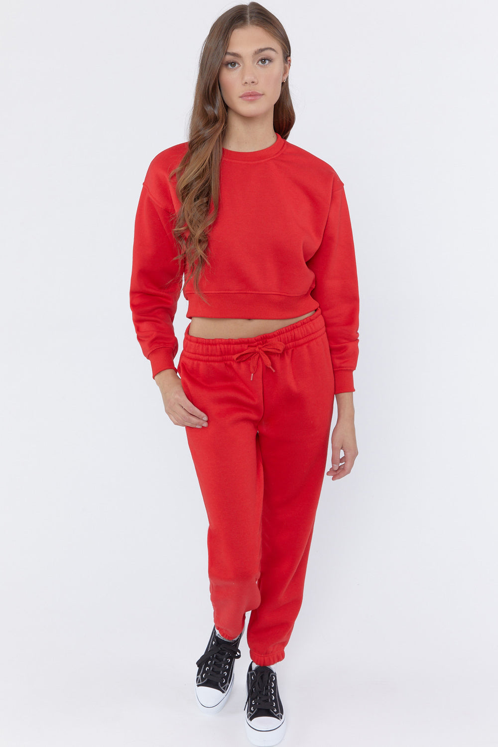 Fleece Crewneck Cropped Pullover Red