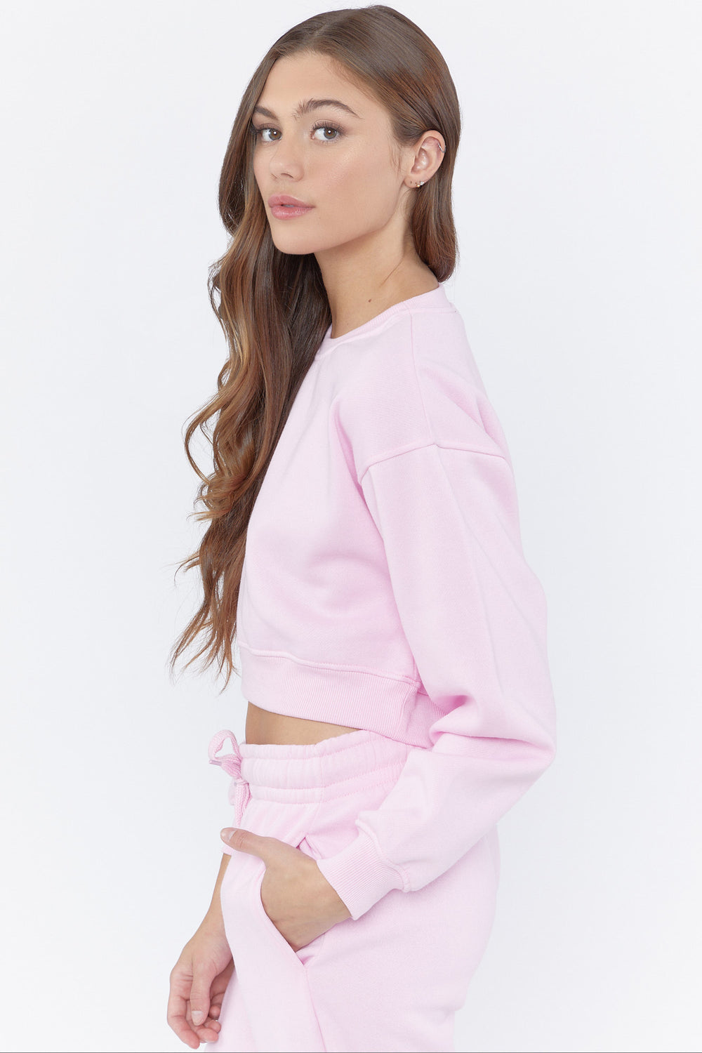 Fleece Crewneck Cropped Pullover Light Pink