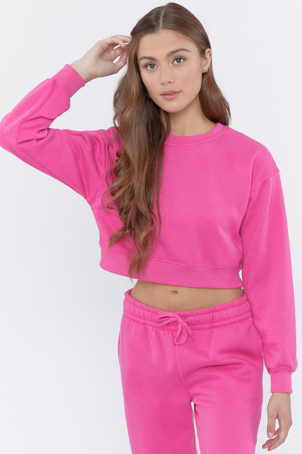 Fleece Crewneck Cropped Pullover Dark Pink