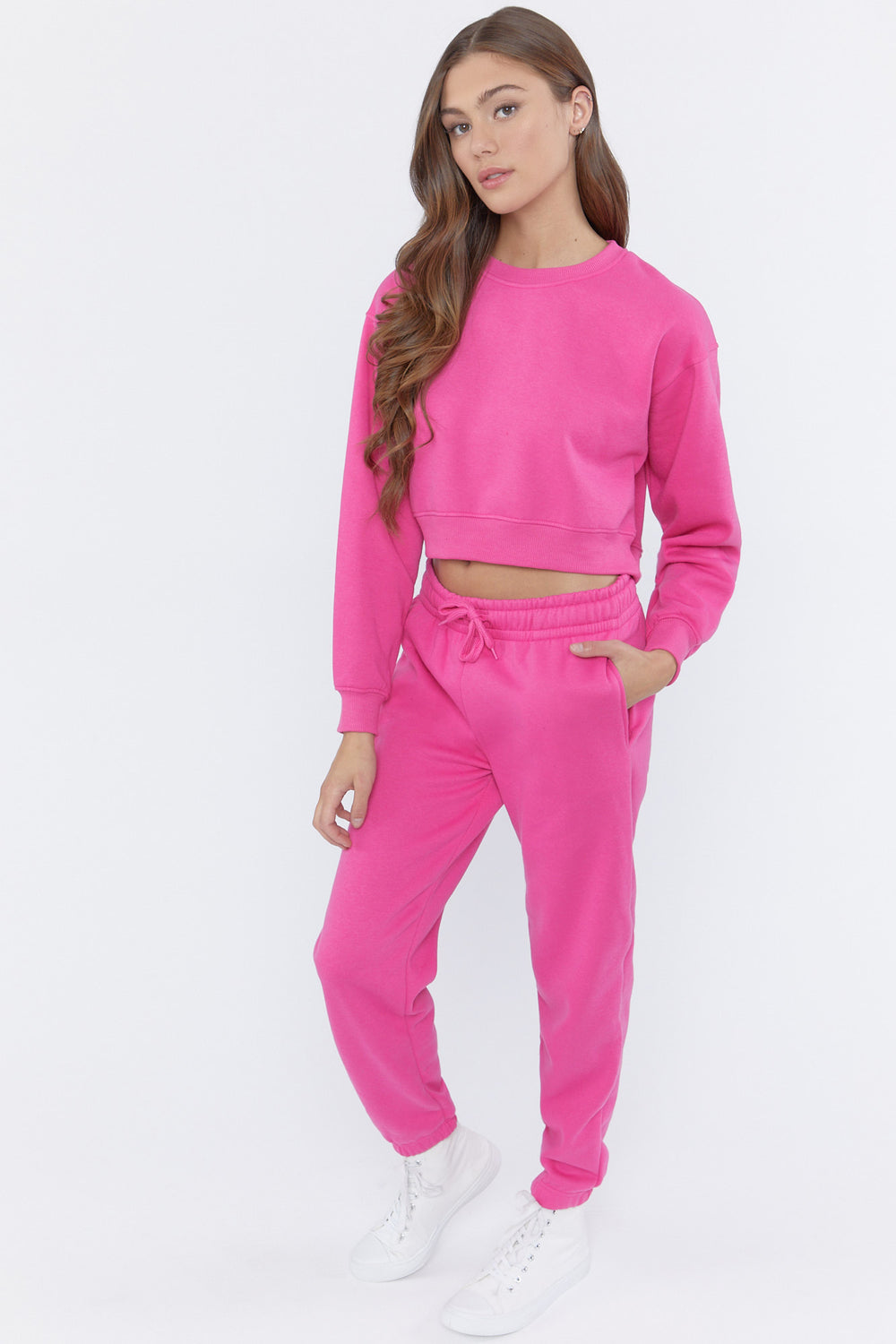 Fleece Crewneck Cropped Pullover Dark Pink