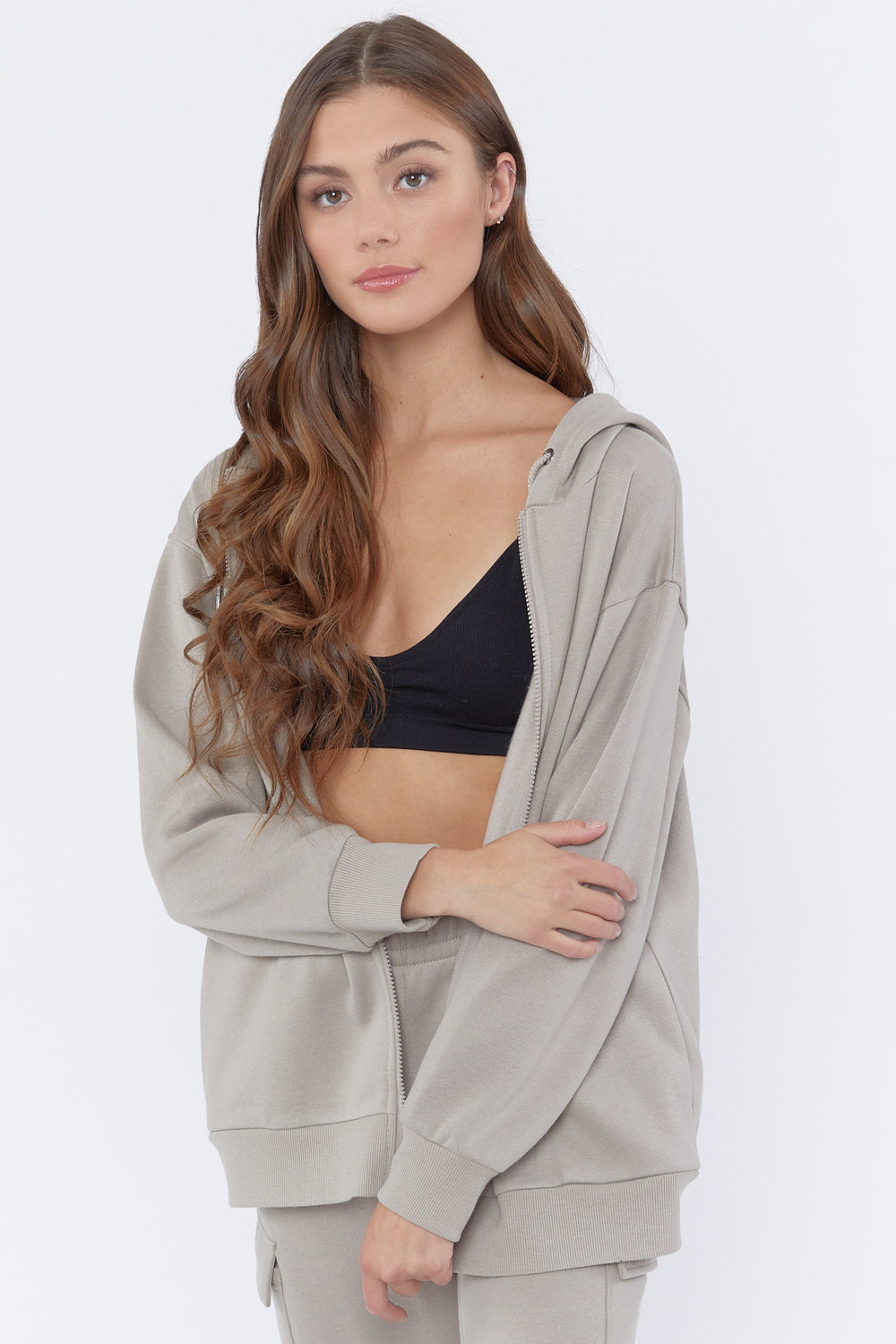 Fleece Zip-Up Hoodie Taupe