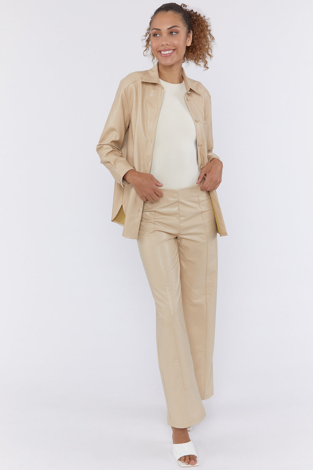 Faux Leather Wide-Leg Pants Beige