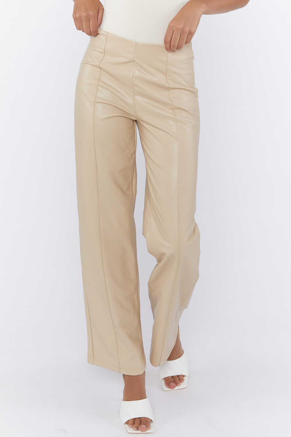 Faux Leather Wide-Leg Pants Beige