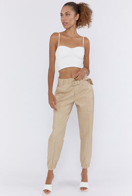 Link to Faux Leather Cargo Joggers Beige