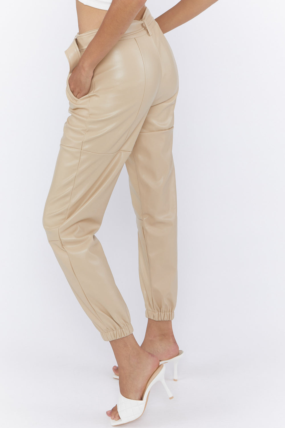 Faux Leather Cargo Joggers Beige