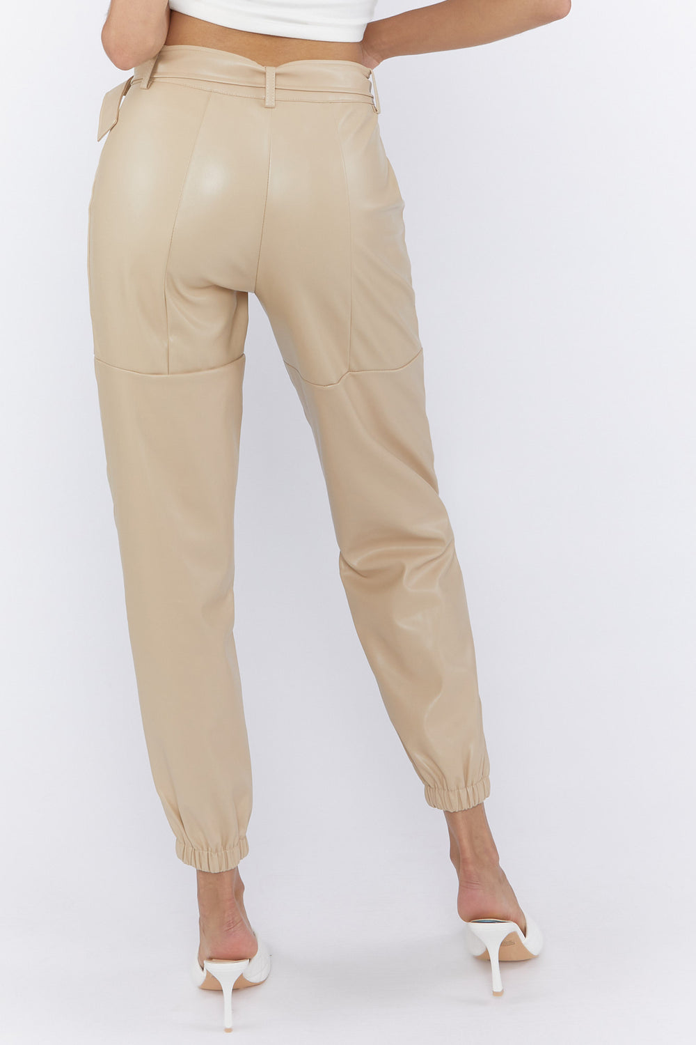 Faux Leather Cargo Joggers Beige