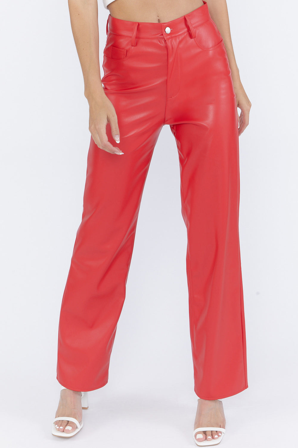 Faux Leather High-Waist Wide-Leg Pants Red