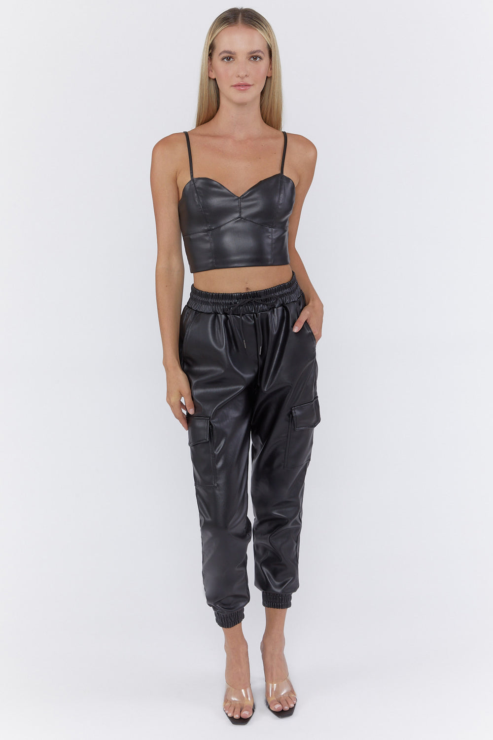 Faux Leather Drawstring Cargo Joggers Black