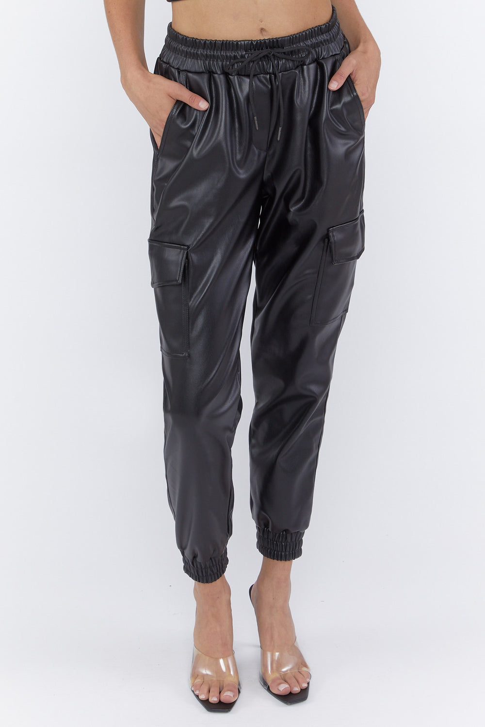 Faux Leather Drawstring Cargo Joggers Black