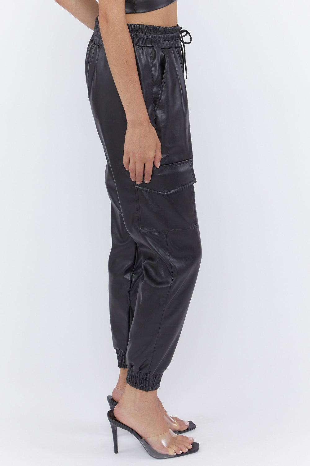 Faux Leather Drawstring Cargo Joggers Black