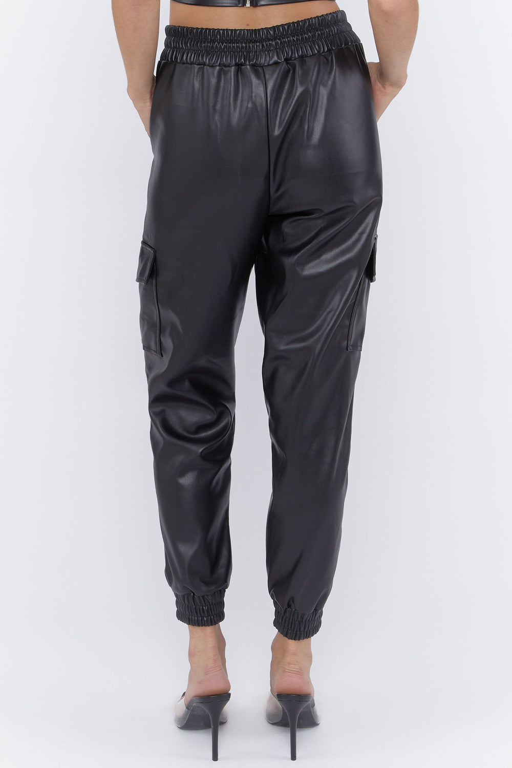 Faux Leather Drawstring Cargo Joggers Black
