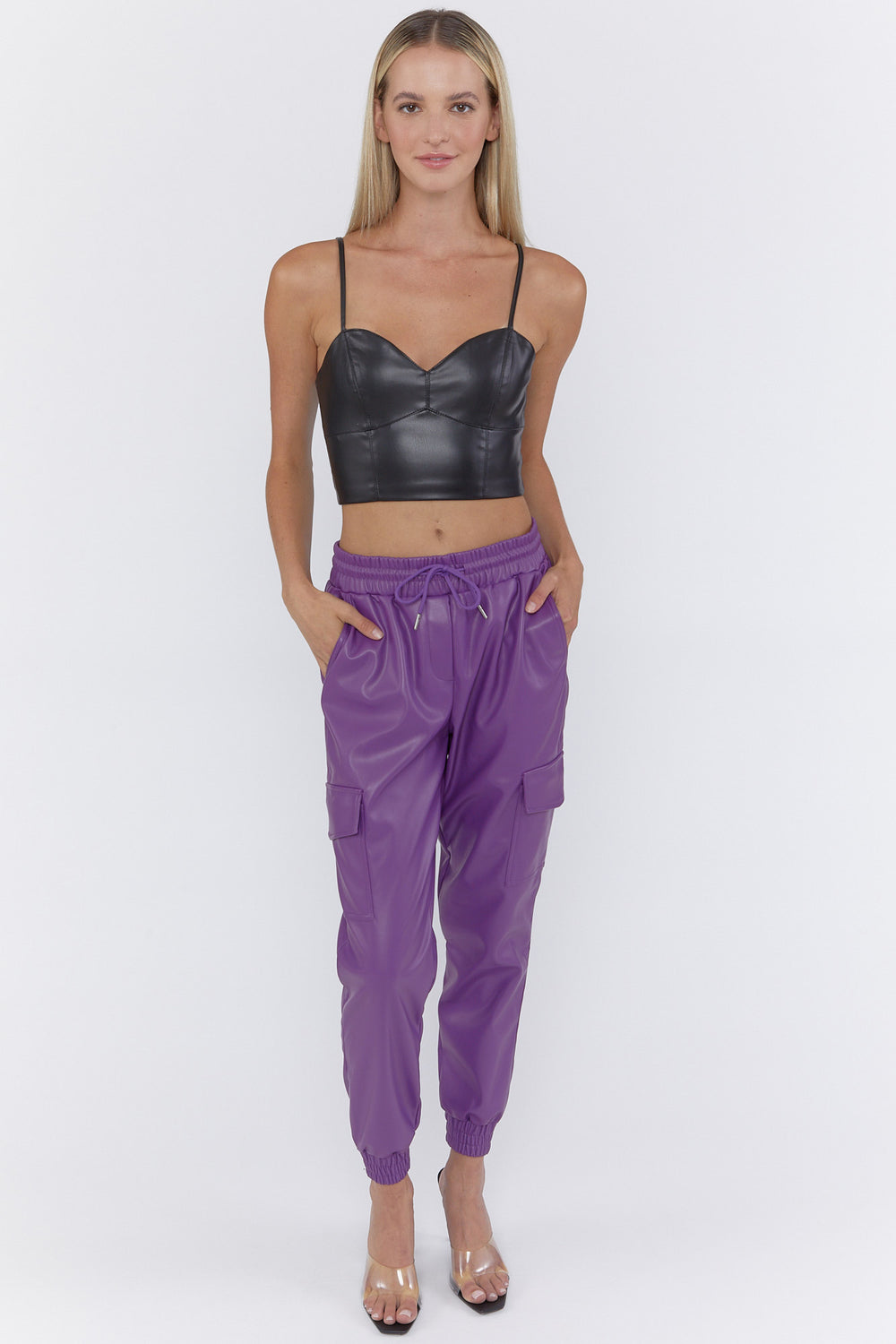 Faux Leather Drawstring Cargo Joggers Purple