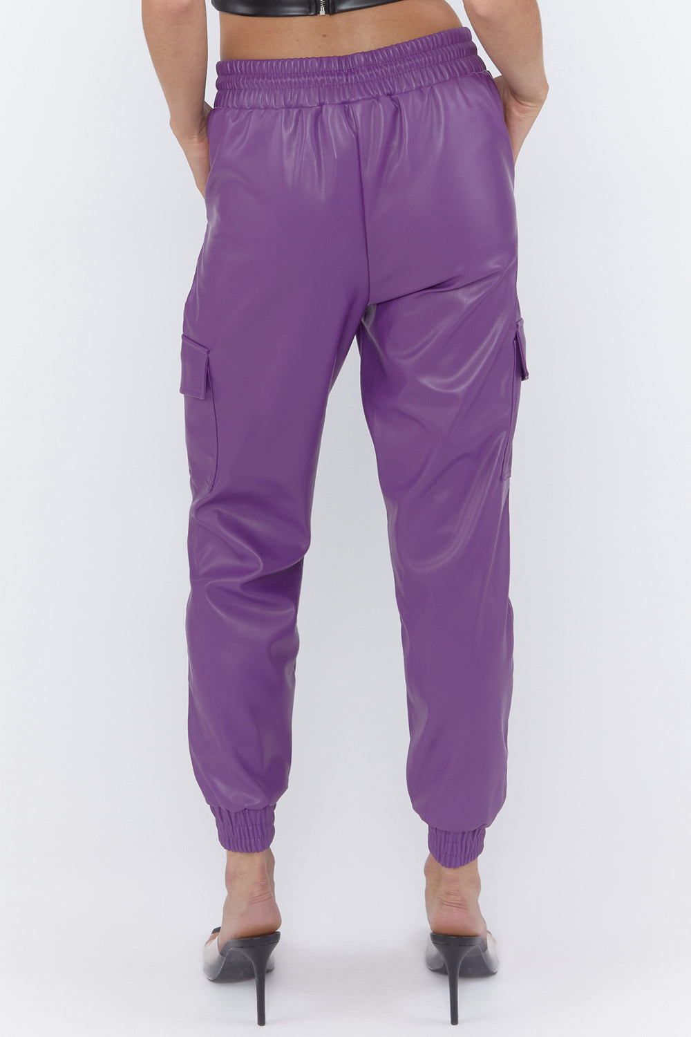 Faux Leather Drawstring Cargo Joggers Purple