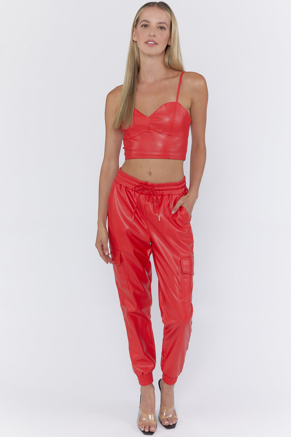 Faux Leather Drawstring Cargo Joggers Red