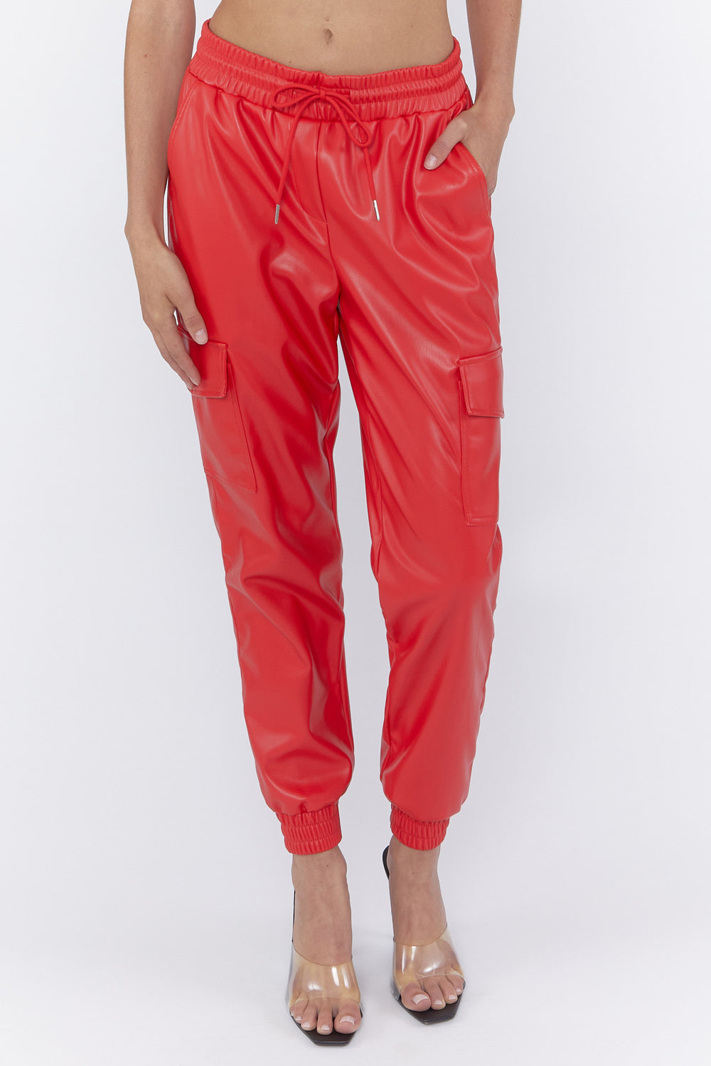 Faux Leather Drawstring Cargo Joggers Red