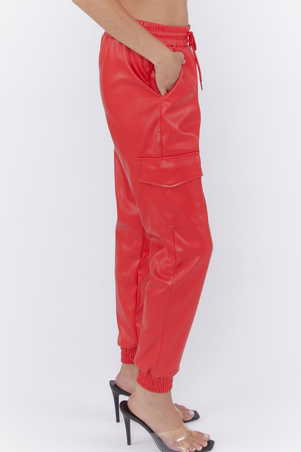 Faux Leather Drawstring Cargo Joggers Red