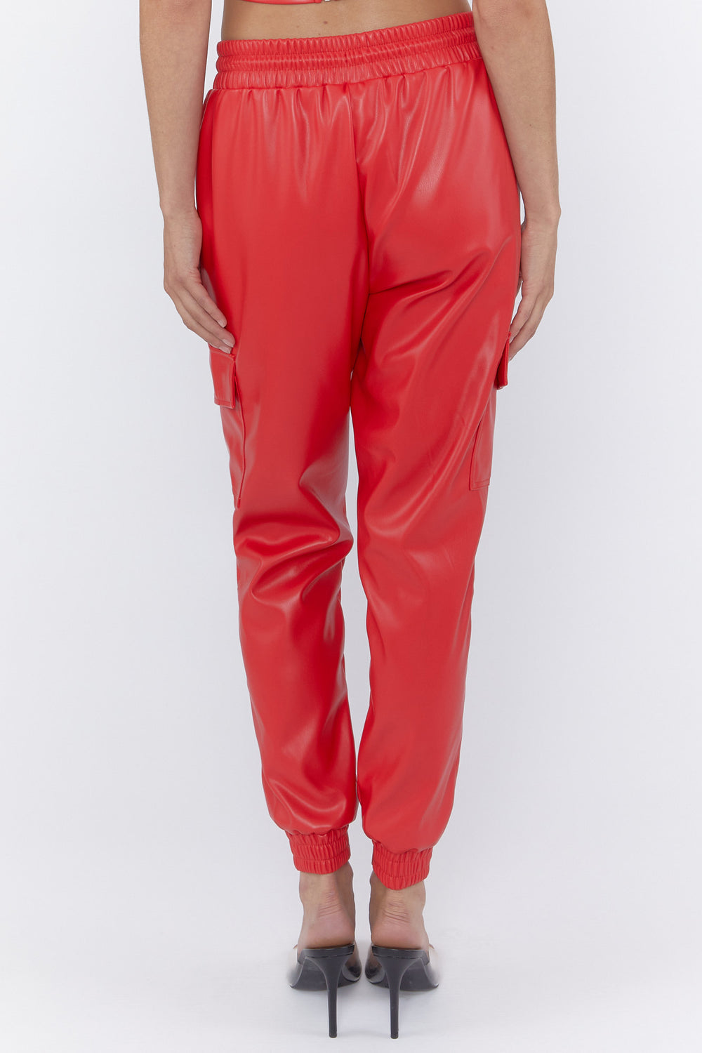 Faux Leather Drawstring Cargo Joggers Red