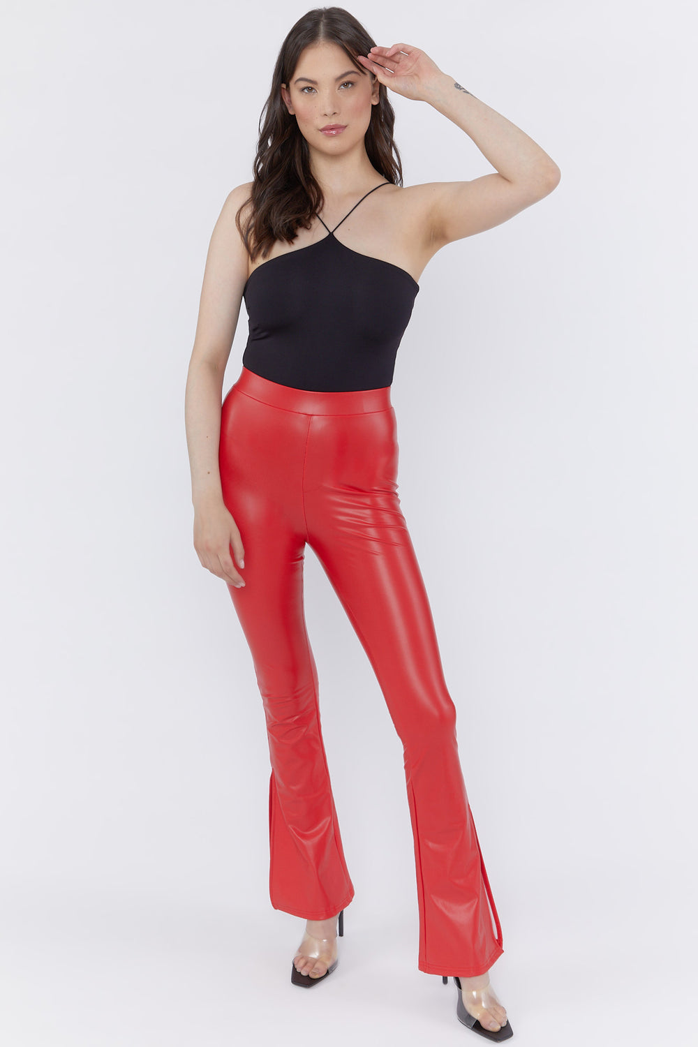 Faux Leather Slit Flare Pants Red