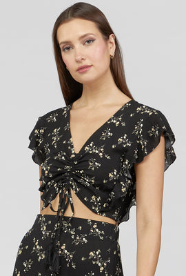 Link to Floral Ruched Front Tie Cropped Top Black