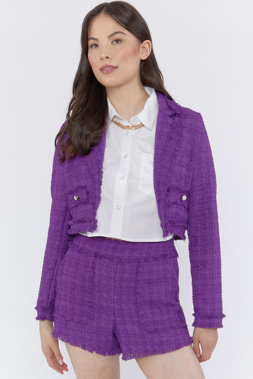 Tweed Frayed Shorts Purple