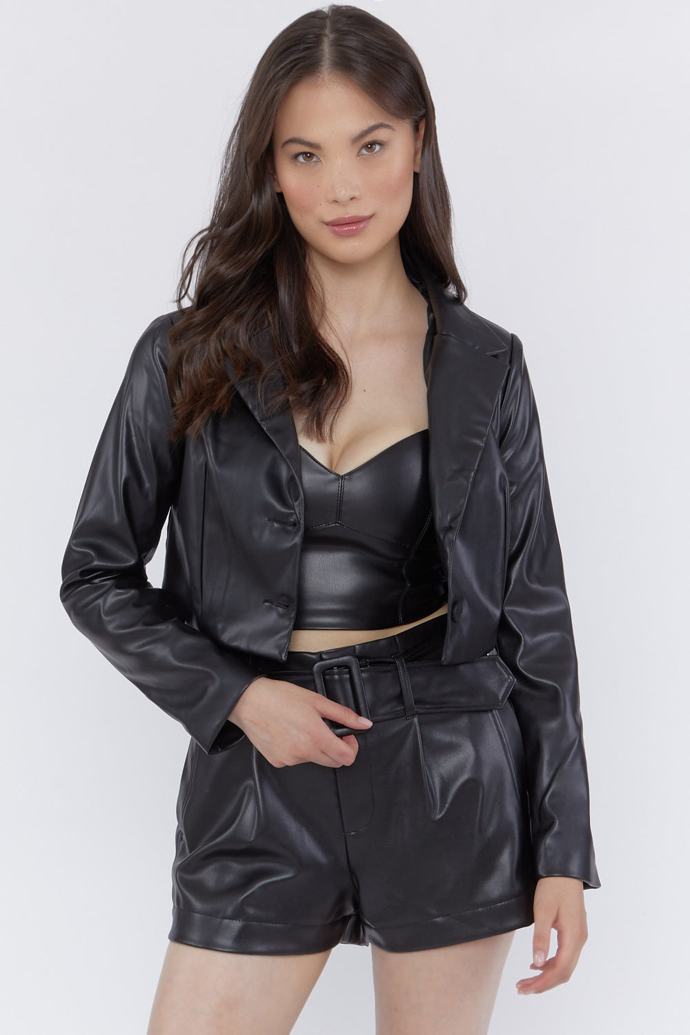 Faux Leather Belted Shorts Black