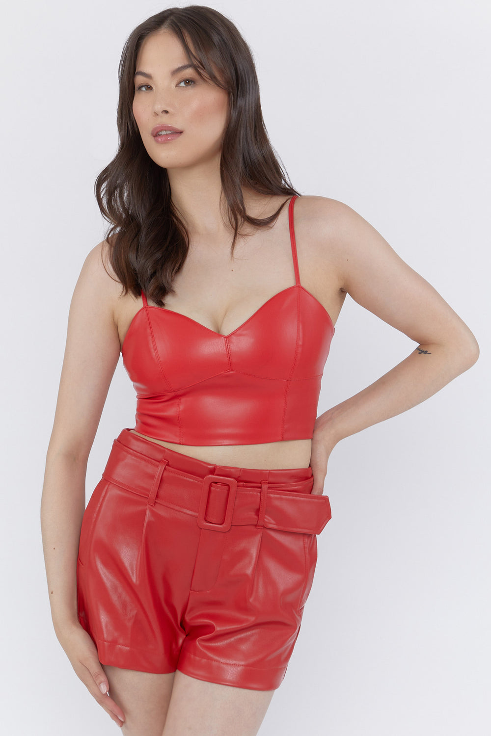 Faux Leather Belted Shorts Red