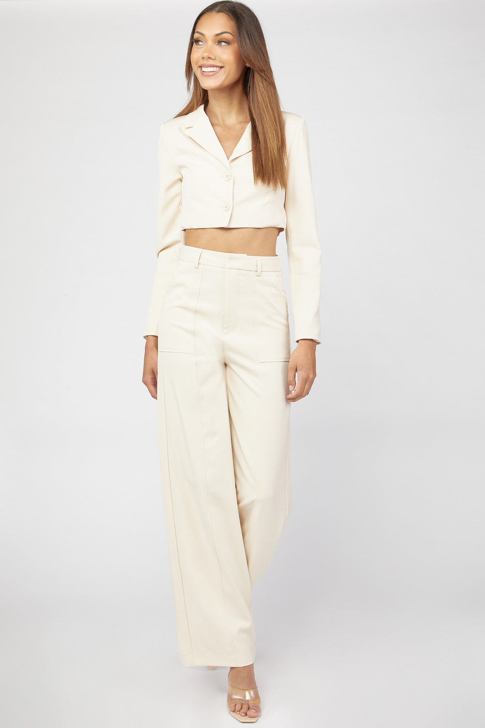 Double-Breasted Cropped Blazer Sand