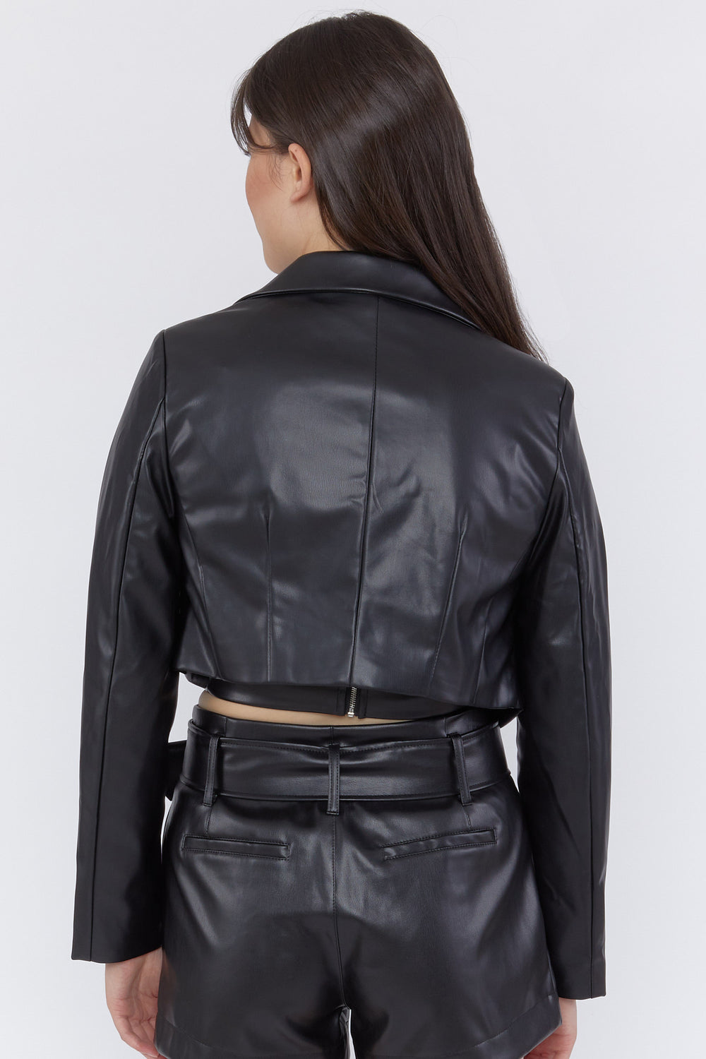 Faux Leather Cropped Blazer Black