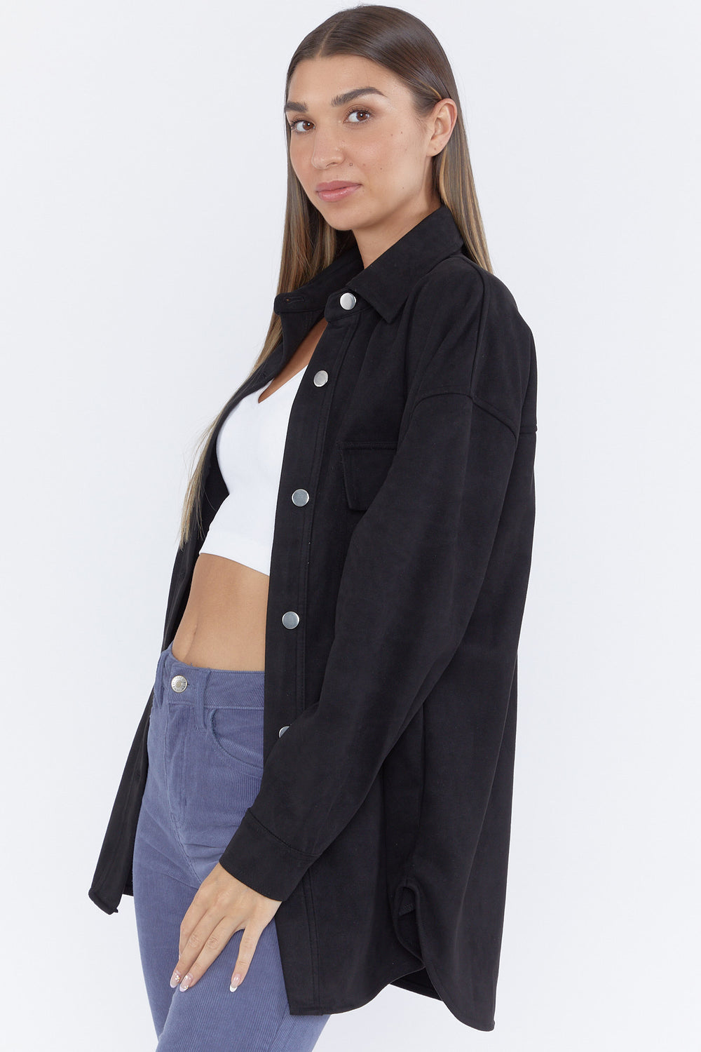 Faux Suede Button-Front Shacket Black