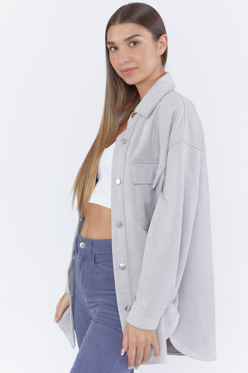 Faux Suede Button-Front Shacket Heather Grey