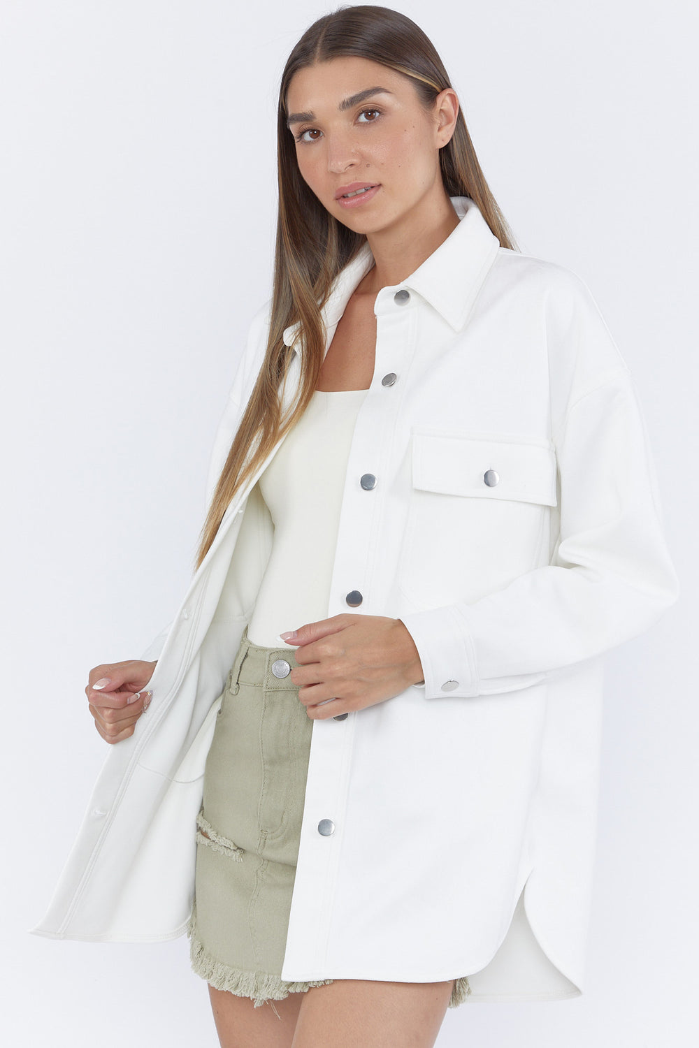 Faux Suede Button-Front Shacket White
