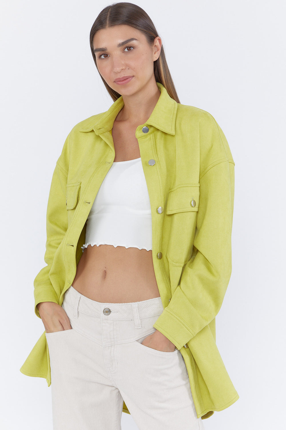 Faux Suede Button-Front Shacket Green