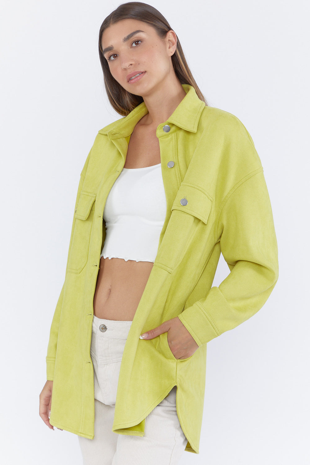 Faux Suede Button-Front Shacket Green