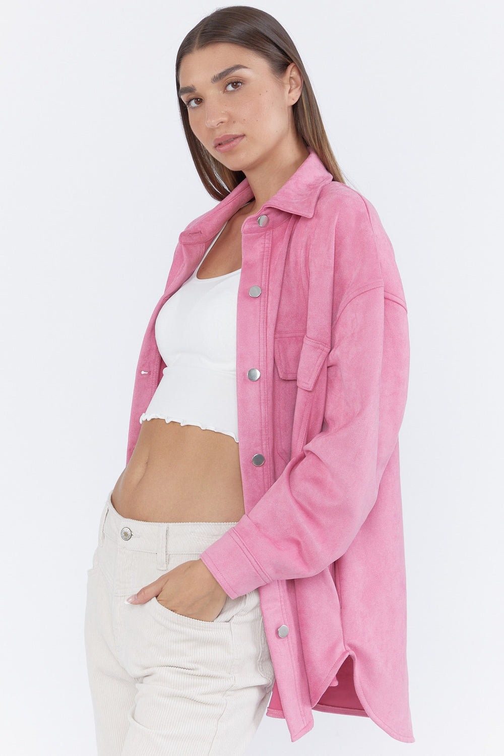 Faux Suede Button-Front Shacket Pink