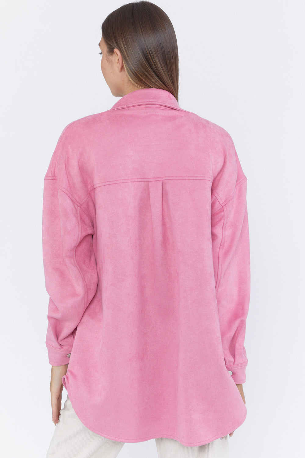 Faux Suede Button-Front Shacket Pink