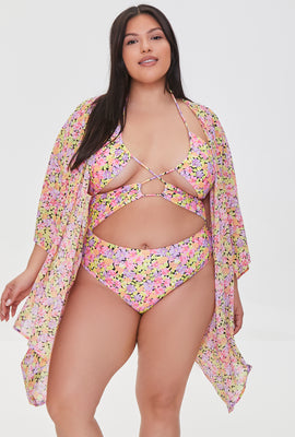 Link to Plus Size Floral Swim Cover-Up Kimono Pink