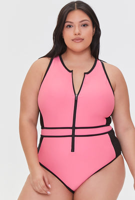 Link to Plus Size Zip-Up One-Piece Swimsuit Pink