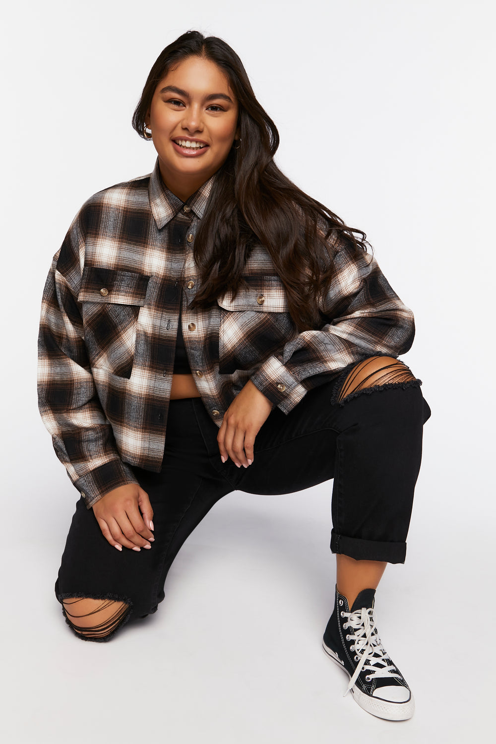 Plus Size Plaid Cropped Shirt Black