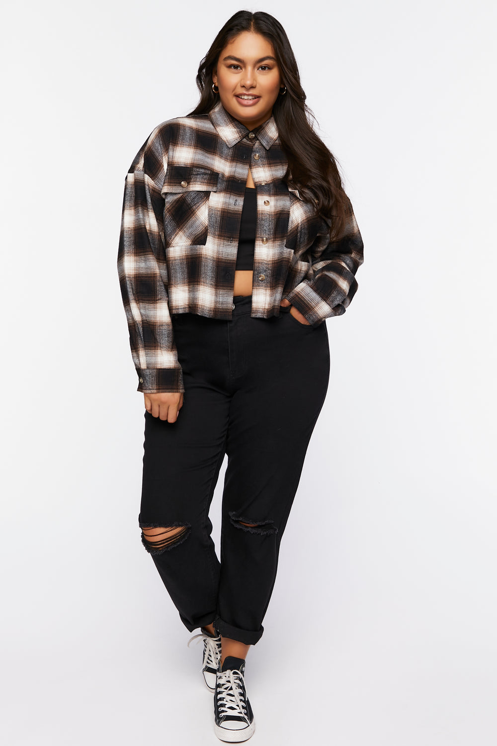 Plus Size Plaid Cropped Shirt Black