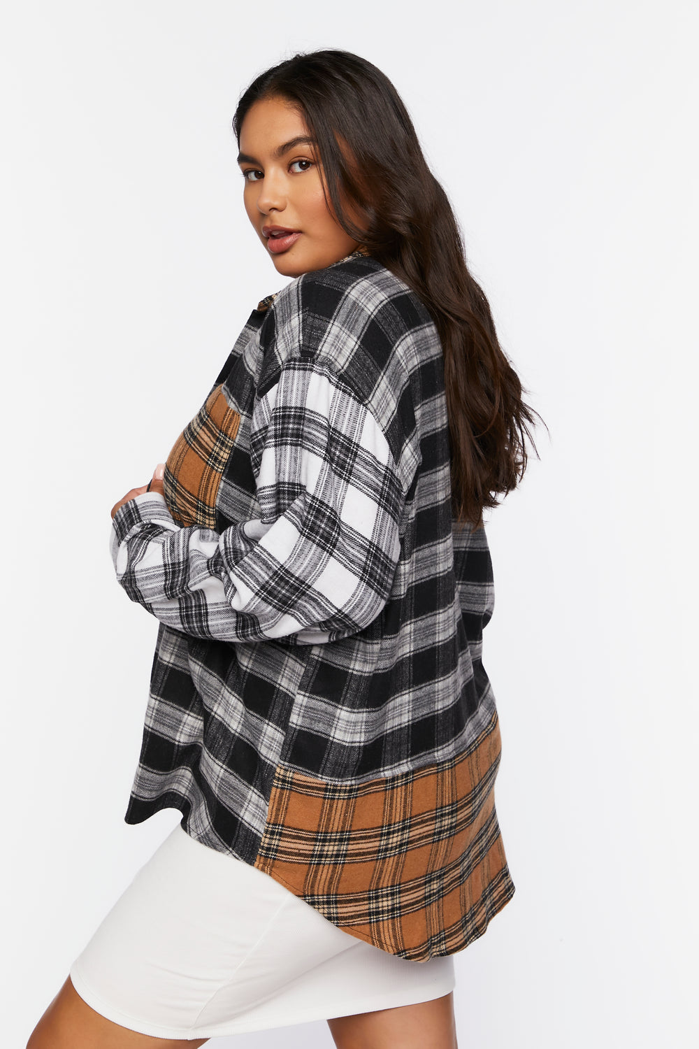 Plus Size Reworked Plaid Shirt Tan