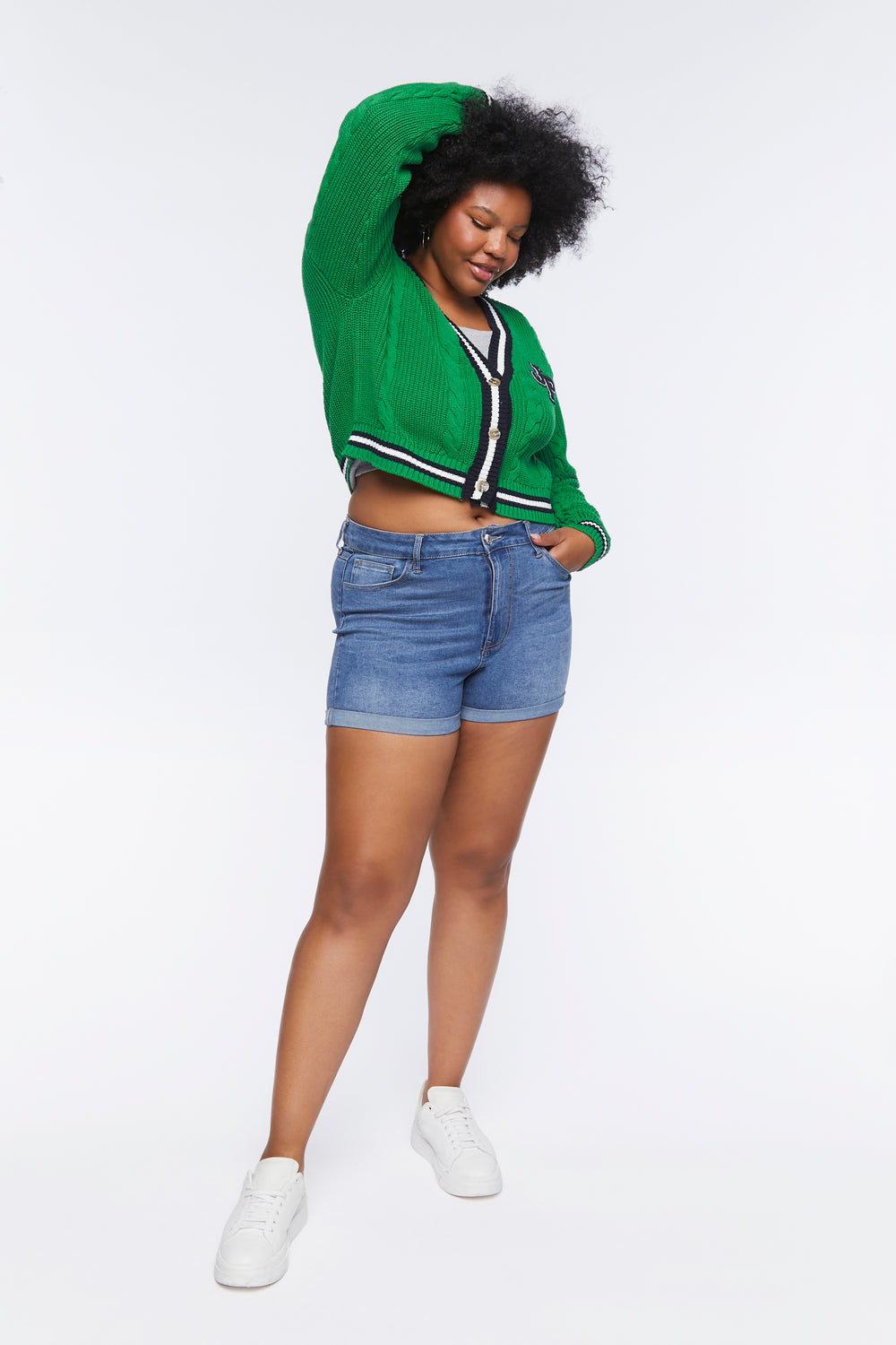 Plus Size Varsity-Striped Cardigan Sweater Green