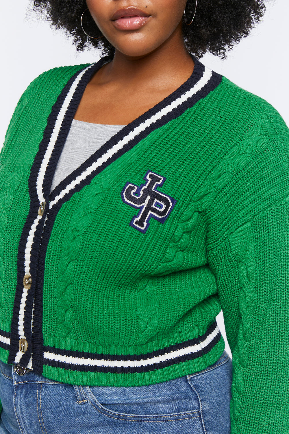 Plus Size Varsity-Striped Cardigan Sweater Green